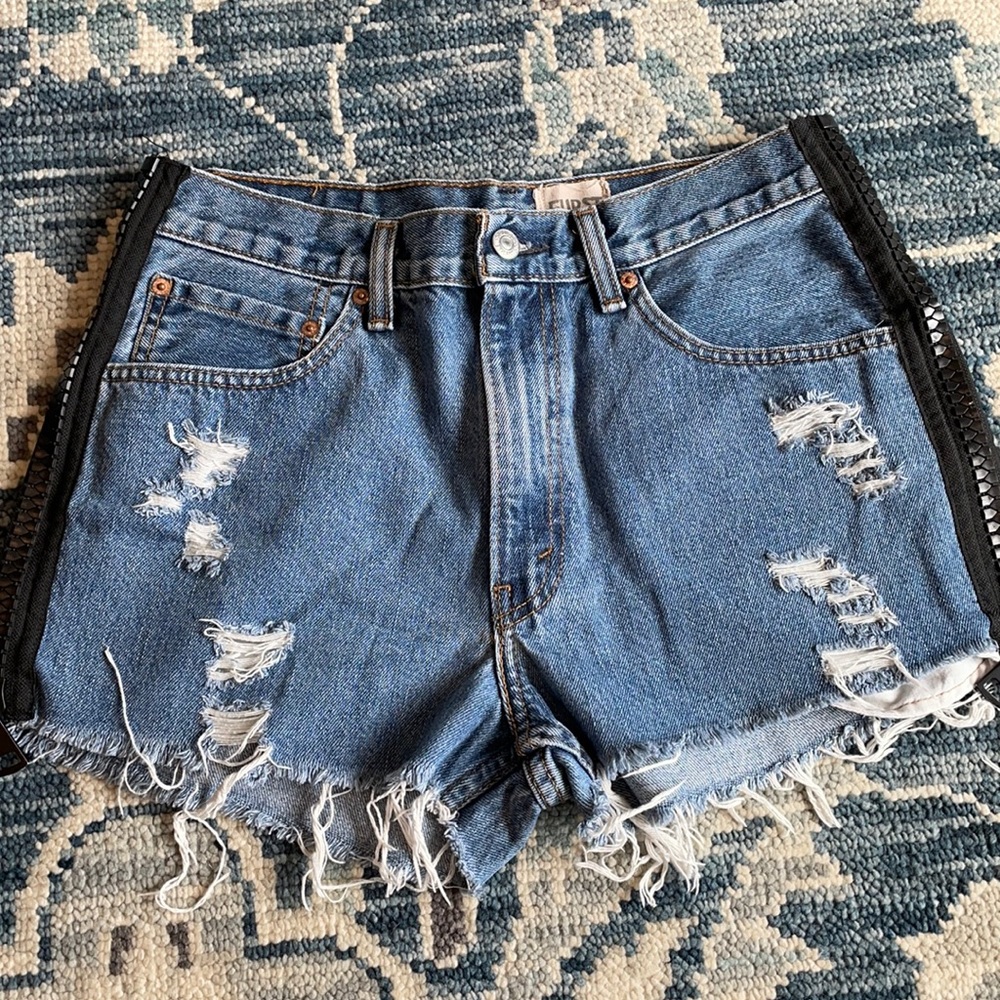 LF first of a kind black zip up jean shorts